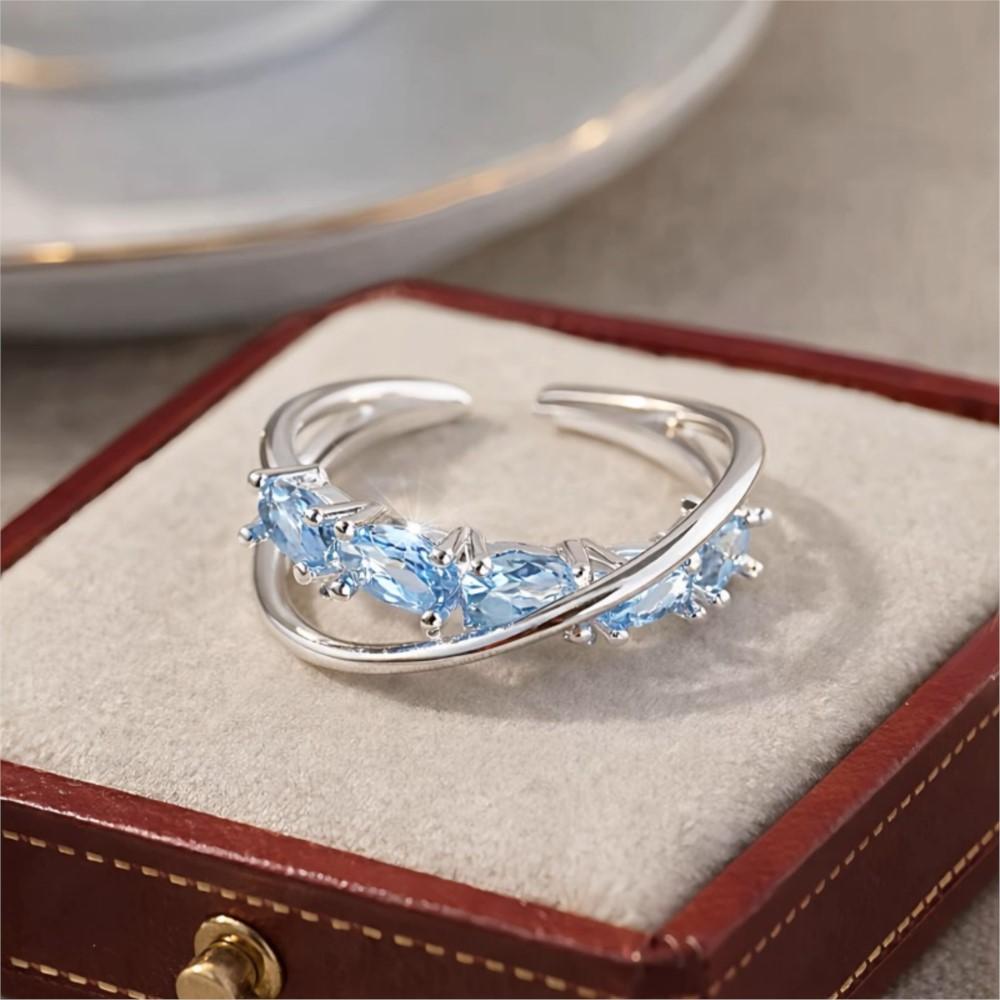 

PANJBJ 925 Silver Blue Crystal Ring For Women Crossing Sweet Romantic Line Jewelry Wedding Gift Dropshipping