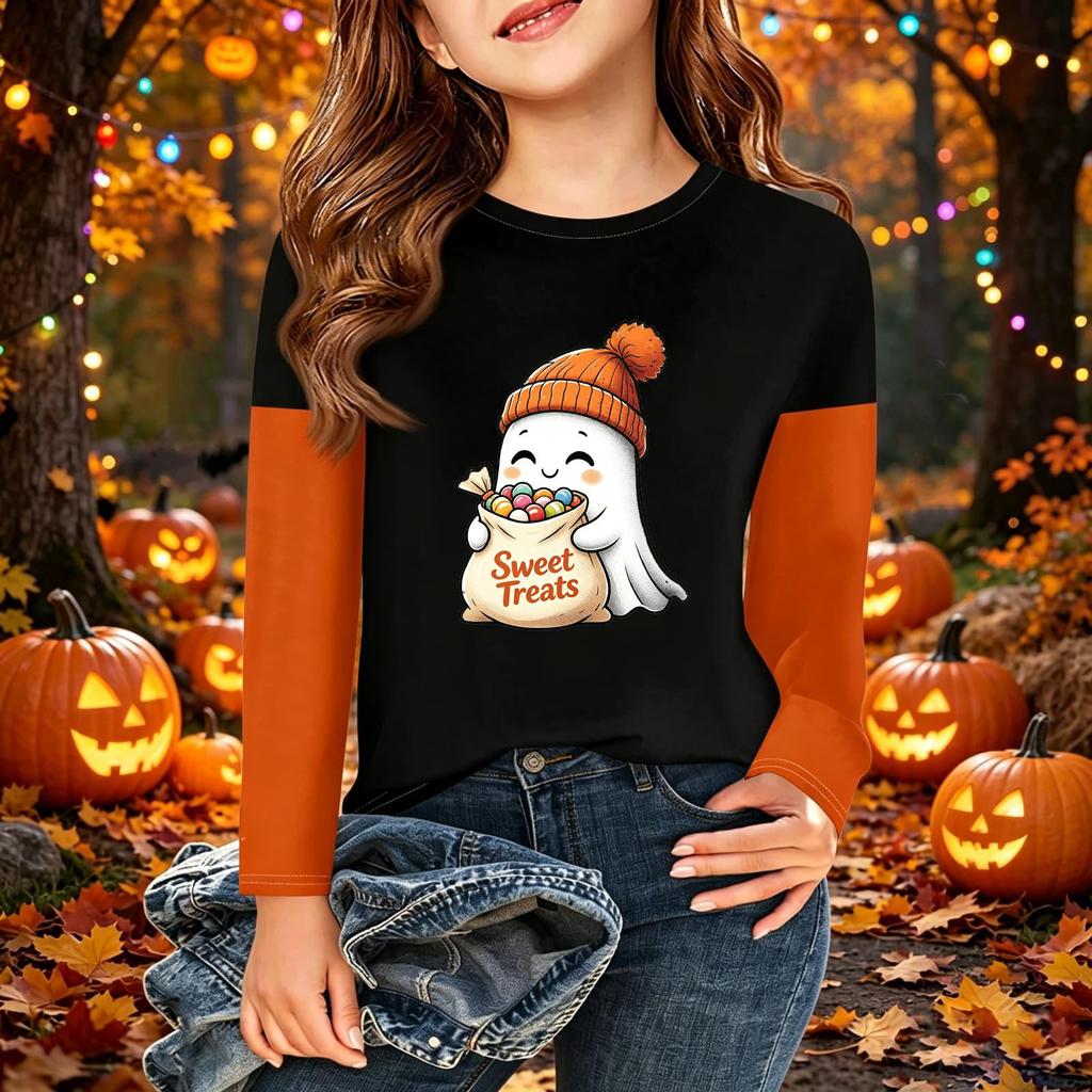 Kids Halloween Print Long Sleeve Neck T-Shirt Casual Top for Boys Girls