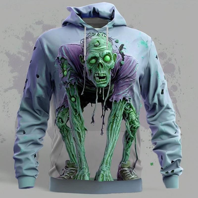 Mens Loose Fit Hooded Sweatshirt Halloween Horror Cartoon Print Long Sleeve Pullover Teens Adults