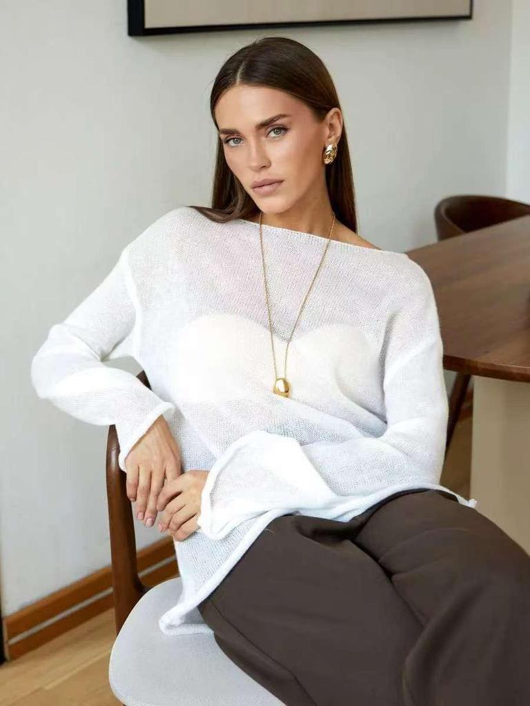 European-American Thin Round Neck Bell Sleeve Knitted See-through T-shirt (Spring/Summer 2025 Collection)