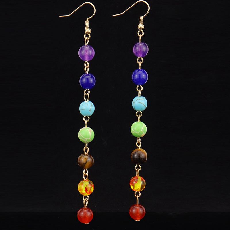 Handmade Seven-Color Stone Bead Tassel Earrings for Yoga and Prayers золотой