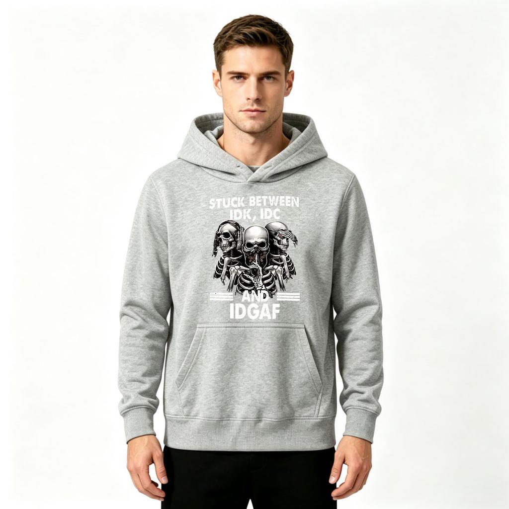 Men's Stuck Between IDK IDC And IDGAF Three Skeletons Print Casual Pullover Hoodie Sweatshirt