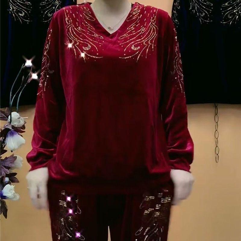 2-teiliger Hosenanzug Herbst Damen Stickerei Übergröße Samtbluse Hohe Taille Samt Harems Hose Zweiteiliges Set