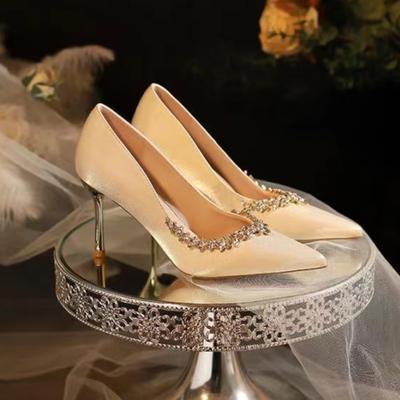 Fashion 2025 Women New Fine Heels Pointy French Temperament Rhinester Single Shoes Bridesmaids Wedding Shoes