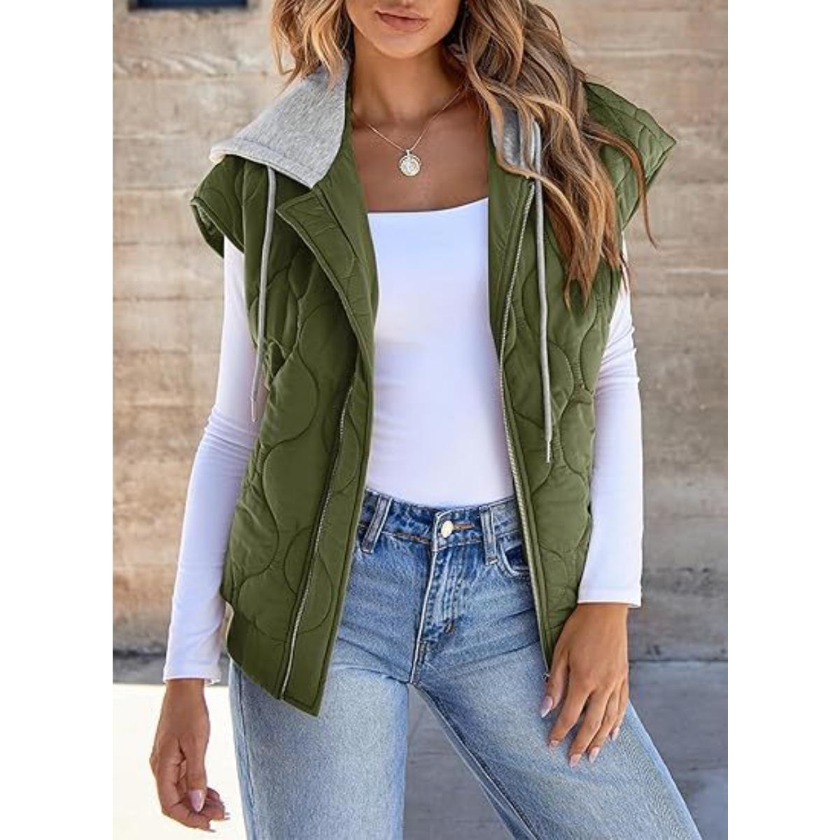 

2025 New Arrival Women s Color Block Sleeveless Jacket Autumn Casual Drawstring Hooded Vest Ladies Fashion Outerwear L армія зелений колір