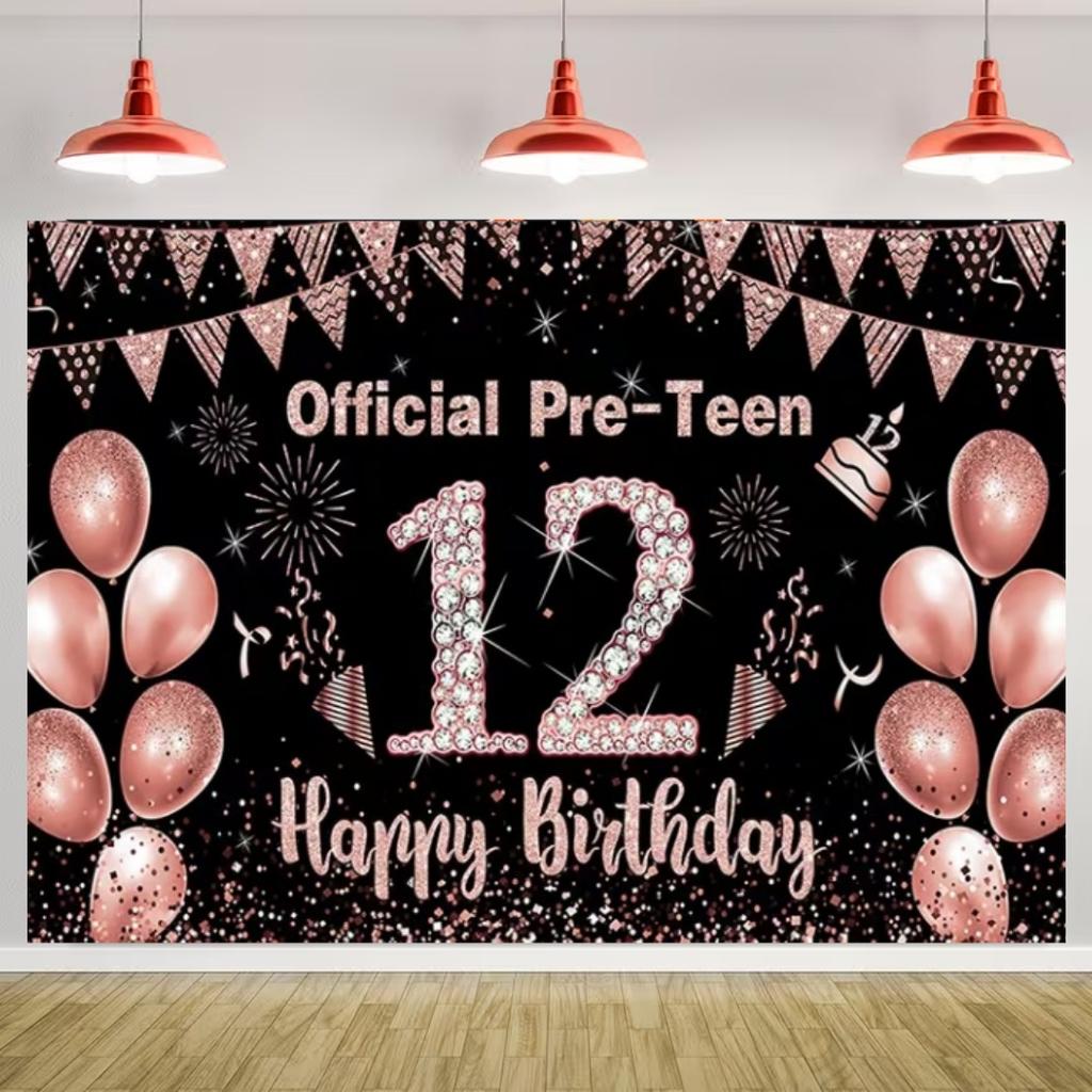 Happy 12th Birthday Banner Black Gold Balloon Background Party Decoration Boys Girls Birthday  Photography Backdrop Kids Gifts