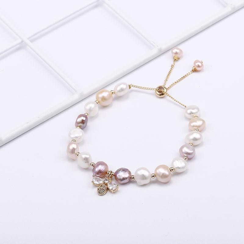 High Quality Sweet Honeybee Shiny Crystal Mixed Color Natural Freshwater Pearl 14K Gold Filled Female Charm Bracelet