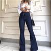 Women's High Waist Flare Jeans Tie Waist Sand Wash Stretch Denim Pants Urban Streetwear Long Trousers For Summer