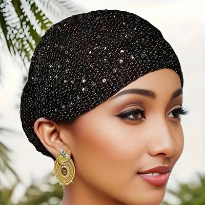 Women's Knitted Rhinestone Hat, Elastic Rhinestone Hair Cover Hat, Elastic Hair Hat Suitable For All Ages, Easy-To-Carry Mesh Hat