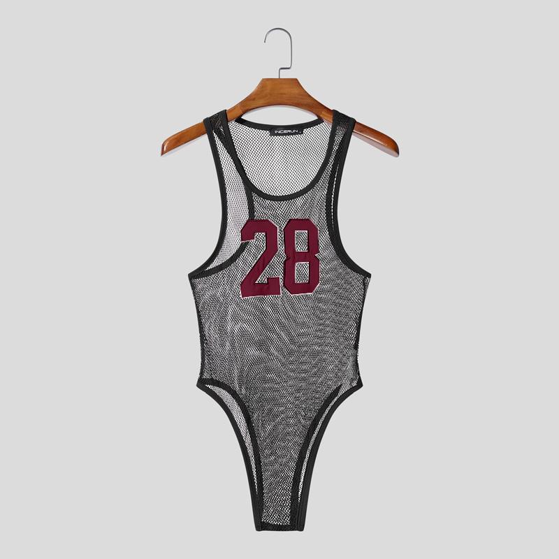 Men Sleeveless Letter Print See Through Transparent Jumpsuits Bodysuits Home Wear