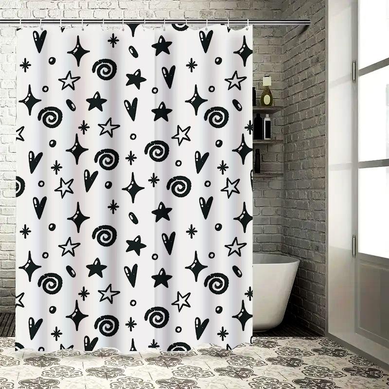 Modern Black White Shower Curtain with Swirls StarsAdd a Touch of Magic to Your Bathroom Decor