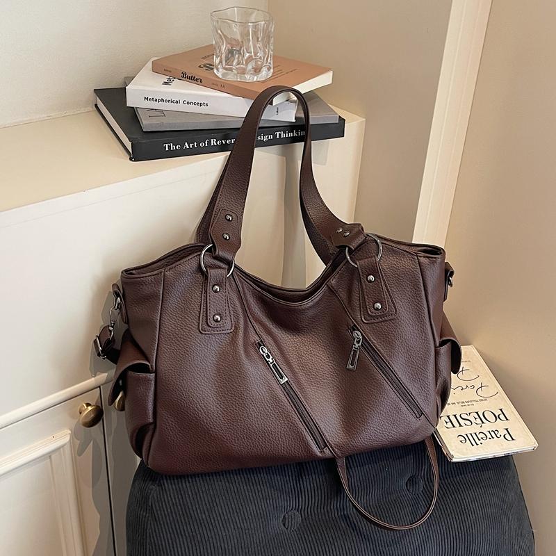 Faux Leather Tote Bag for Women Fashion Shoulder Handbag with Zipper Pockets and Adjustable Strap