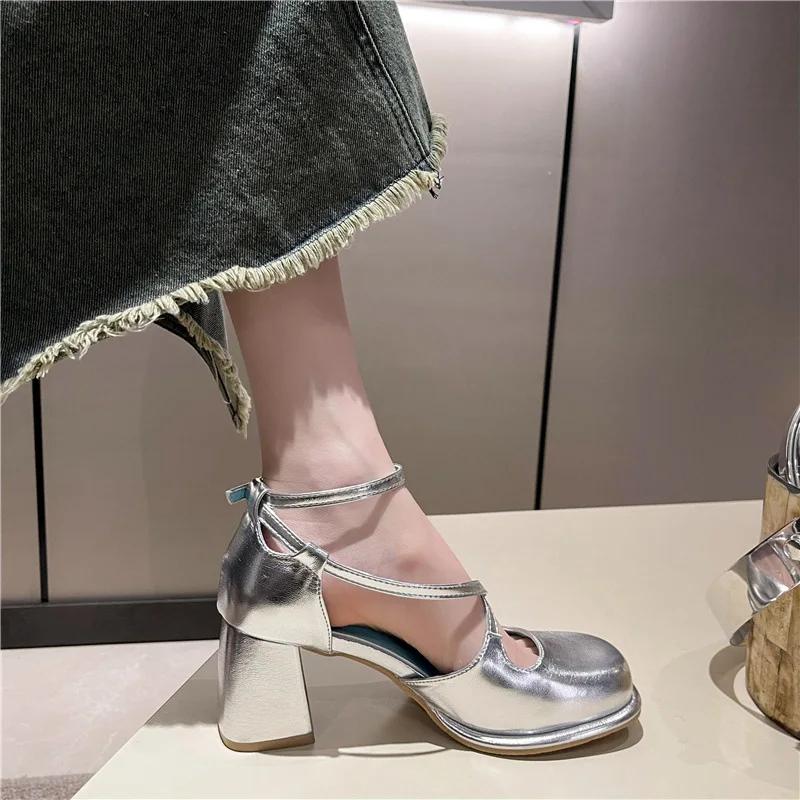 Fashion Buckle Strap Cross Low Sandals Woman Leather Suit Female Beige High Heels 2025 Summer  Shoes Low-heeled Black Comfort Hig