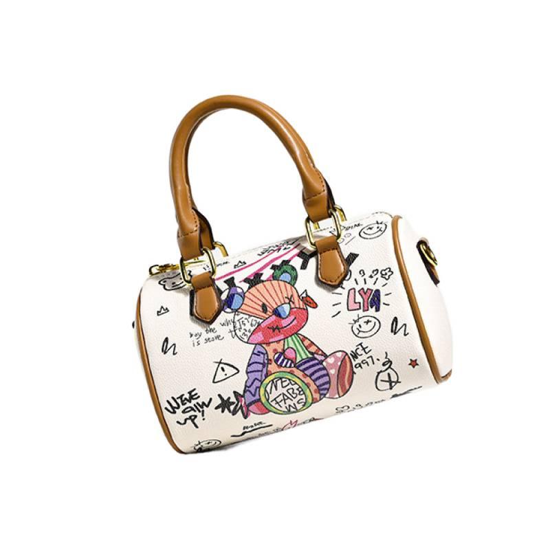 Small Cute Bear Doodle Boston Messenger Bag With Adjustable Strap Fashion White Handbag Ladies Casual Shoulder Bags Dating Purse