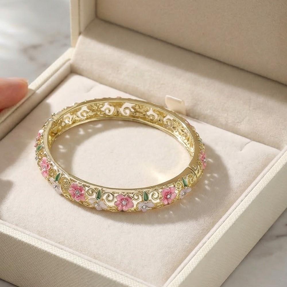 Enamel Flower Crystal Bangle Rhinestone Women's Hand Bracelet Vintage Cloisonne Bangle  Ladies