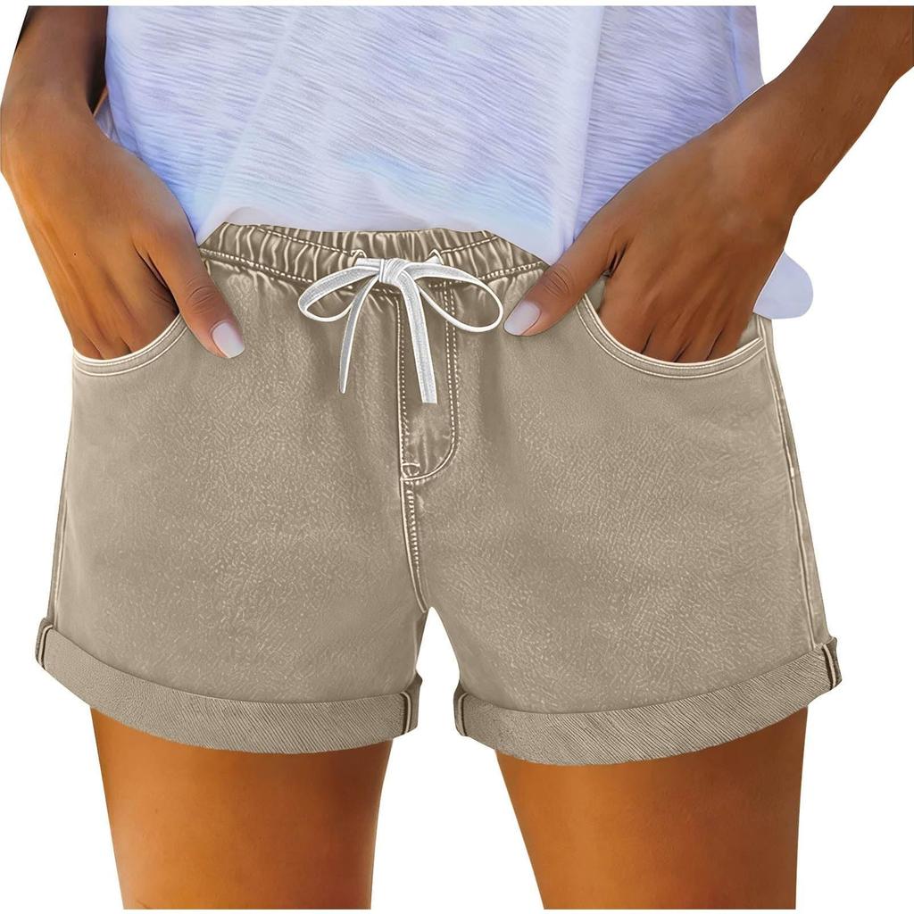 Women's Denim Shorts with Drawstring, Casual Summer Fashion, Stretch Comfort Fit for Beach and Daily Wear