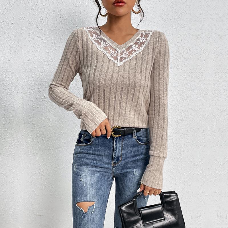 Damenmode, lässig, einfarbig, bedruckt, Frühling und Herbst, langärmelig, V-Ausschnitt, Pullover und lange Ärmel