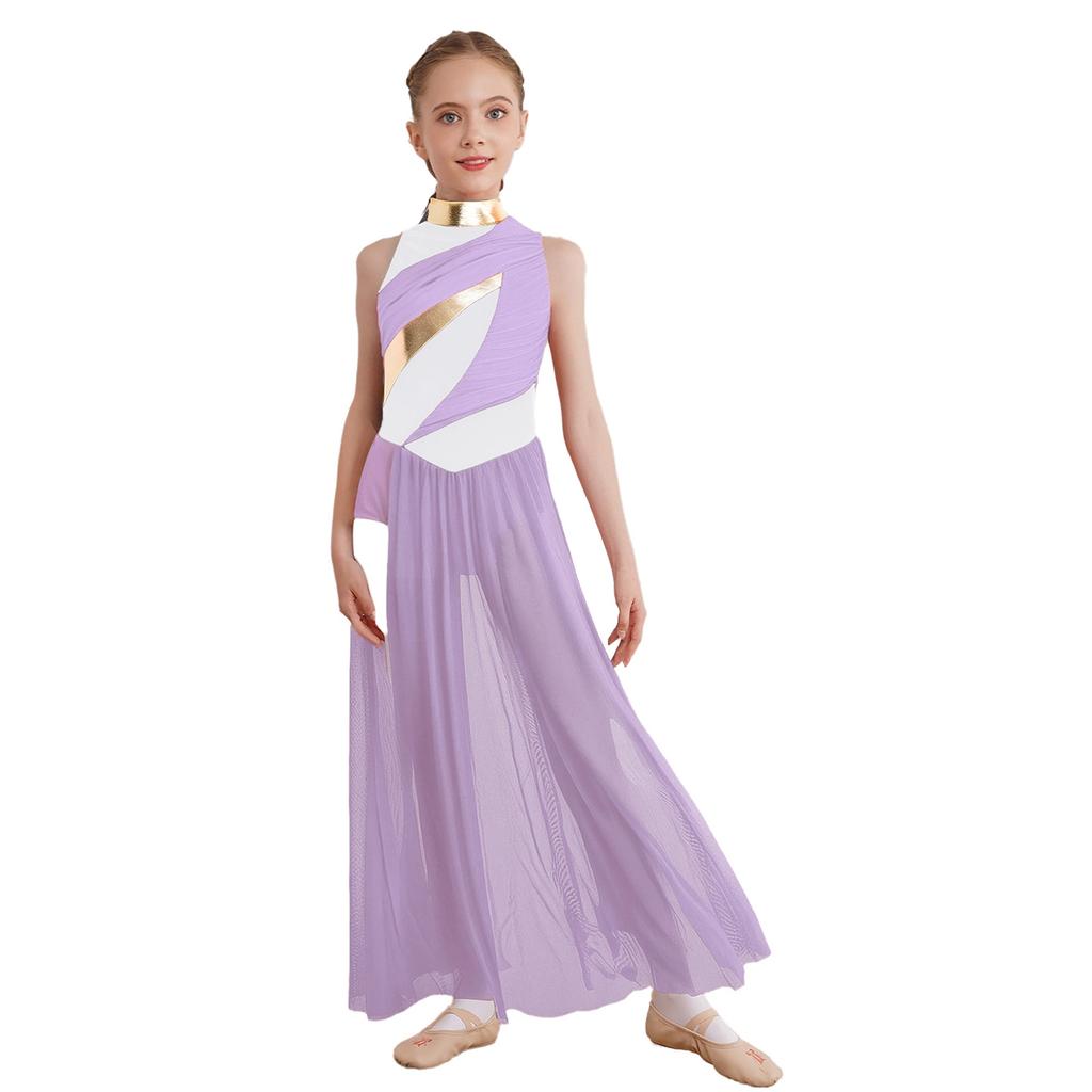 Girls Modern Dance Costume Mock Neck Sleeveless Back Invisible Zipper Ruched Mesh Overlay Bodice Side Split Dress