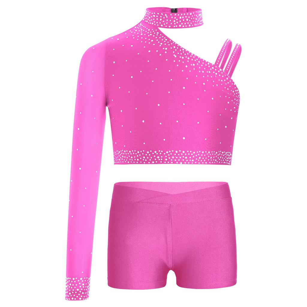 Girls Dance Performance Top Sparkly Rhinestone Irregular Shoulder Crop Top V Front Waistband Shorts