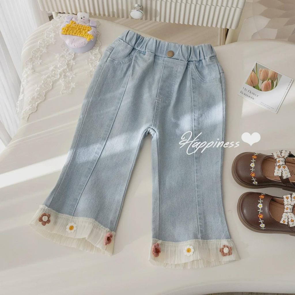 Stylowe dżinsy z koronką z szerokimi nogawkami typu dzwony dla dziewczynek - Wiosenno-jesienne spodnie z szerokimi nogawkami