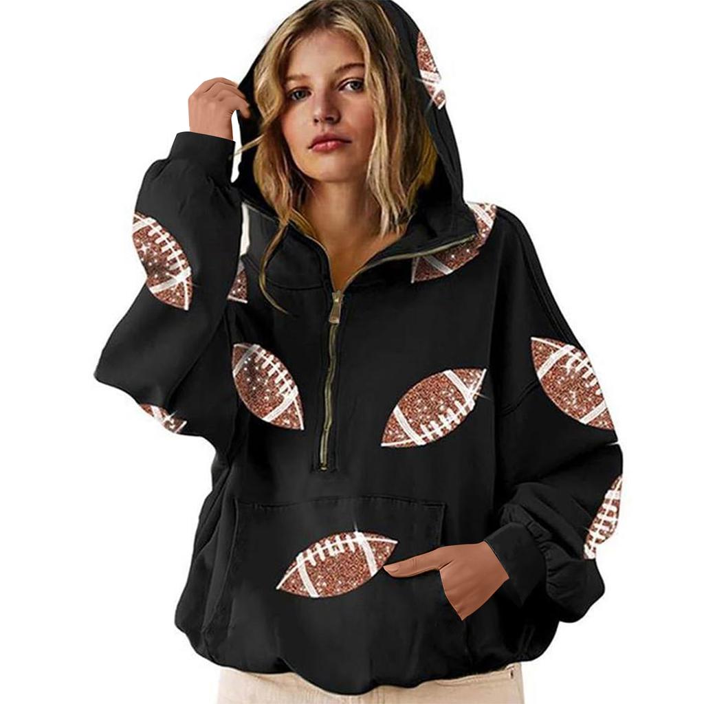 Women's Sports Shirt With Rugby Sequins And Pockets Long Sleeved Half Zip Hooded Top