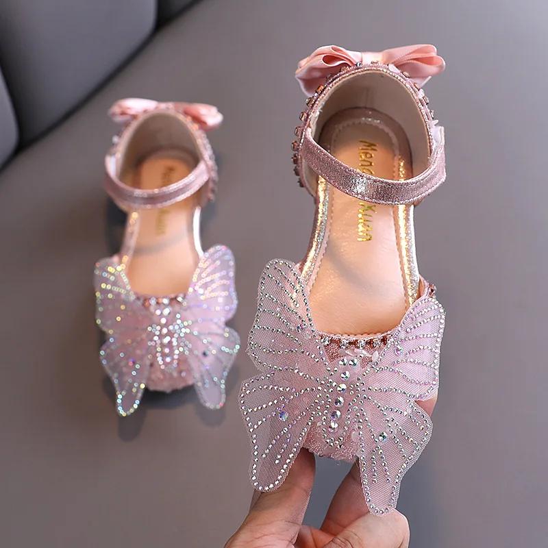Girls Leather Shoes Children's Lace Butterfly Rhinestone Pearls Beading Performance Single Shoes Fashion Weeding Kids Shoes