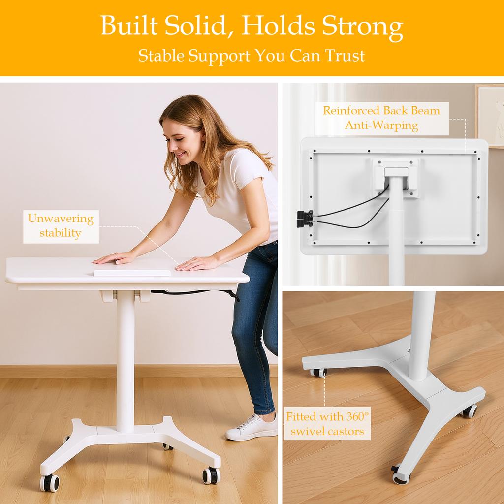 Adjustable Bedside Table with Wheels Pneumatic Mobile Standing Desk Laptop Desk Rolling Computer Cart Movable Overbed Table