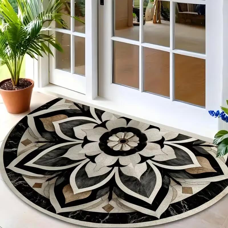 A Mandala Door Mat, Half-Round Shape, Suitable for Indoor And Outdoor Use - Featuring a Black Rice Brown Mandala Pattern, Soft Entrance Mat Ideal for Fashionable home decorati