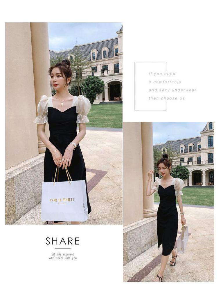 Damen 2021 Sommer Schwarz Slim Kurzarm Midi-Kleid