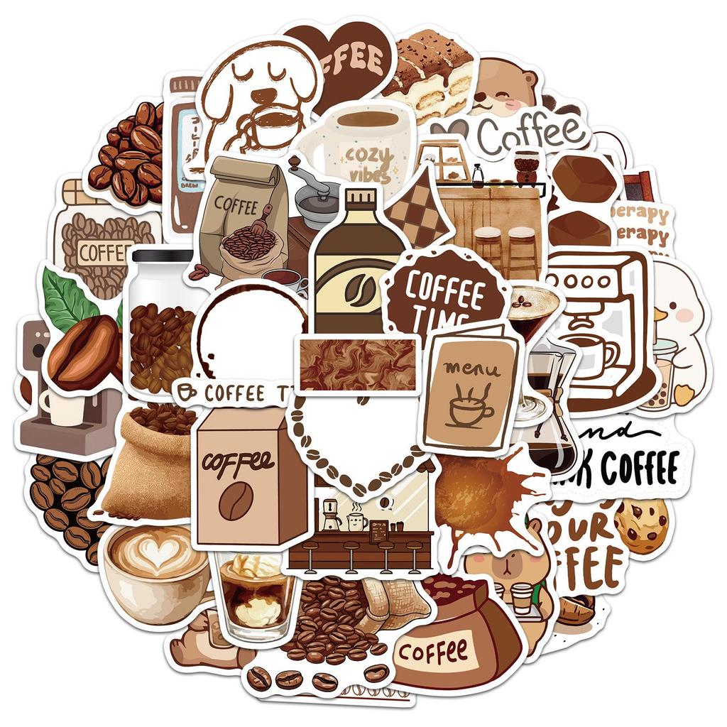 50 Coffee Aesthetic Waterproof Stickers for Bottles & Computers - Creative, Decorative Graffiti Design