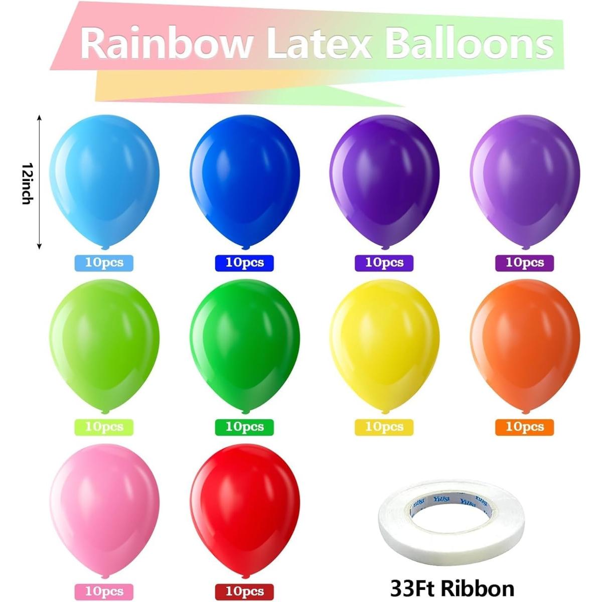 

100Pcs 12 Inch Rainbow Assorted Latex Balloons Bright Color Round Balloons for Birthday Wedding Bridal Shower Party Decorations 12INCH