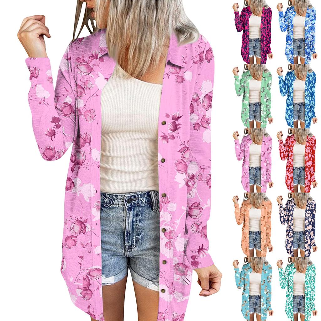 Women's Casual Fashion Floral Print Long Sleeve Mid-Length Cardigan Jacket