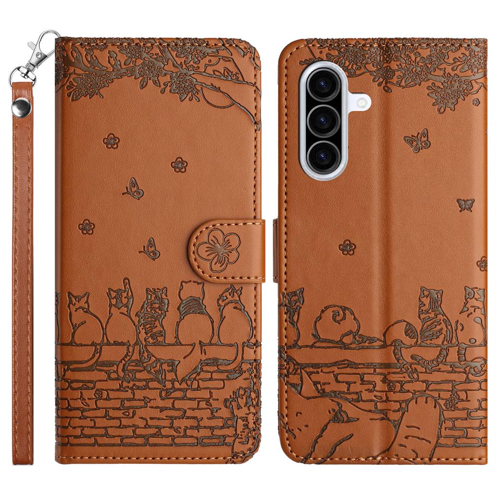 For Samsung Galaxy A57 5G Case with Wrist Strap Leather Phone Cover Wall Cats Pattern