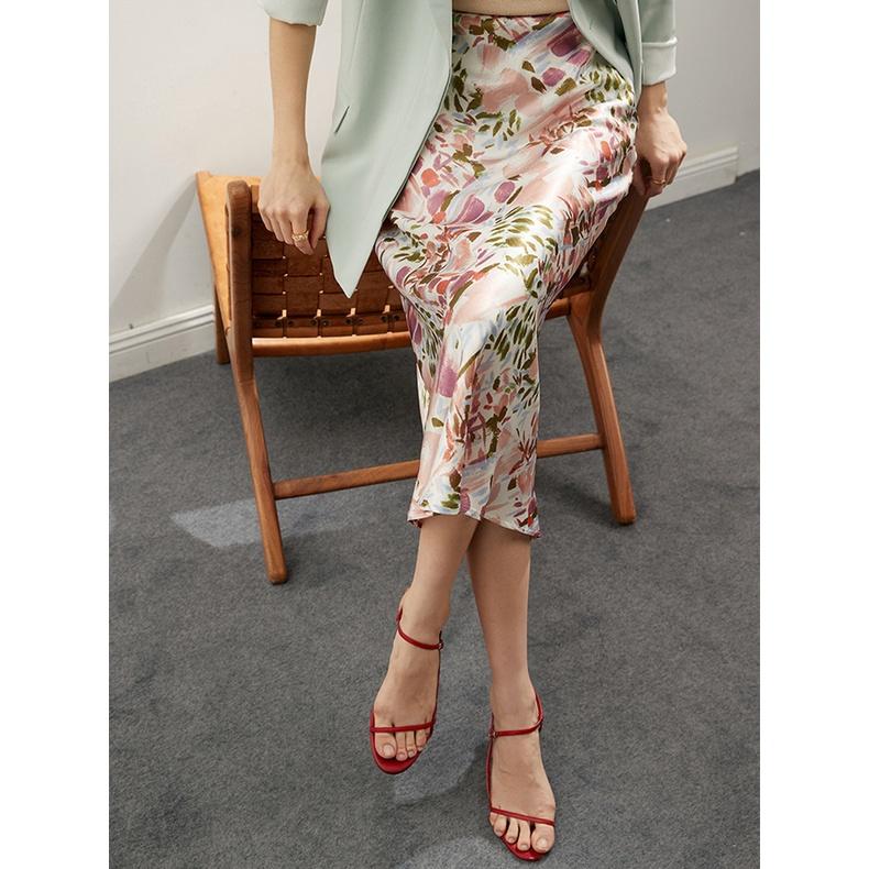 Qooth  Floral Trumpet Skirt Mid length Satin Casual Elastic Waist Printed Maxi Skirt QT1855