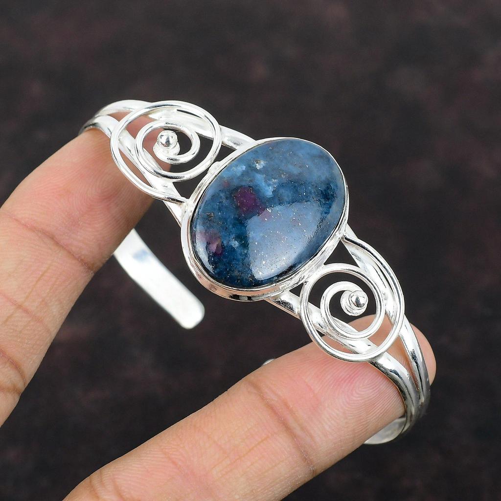 Rubin In Blau Kyanit Armreif 925 Sterling Silber Manschettenarmband Hochwertiger Edelstein Armreif Verstellbarer Armreif Handgefertigter Schmuck Geschenk für Mutter