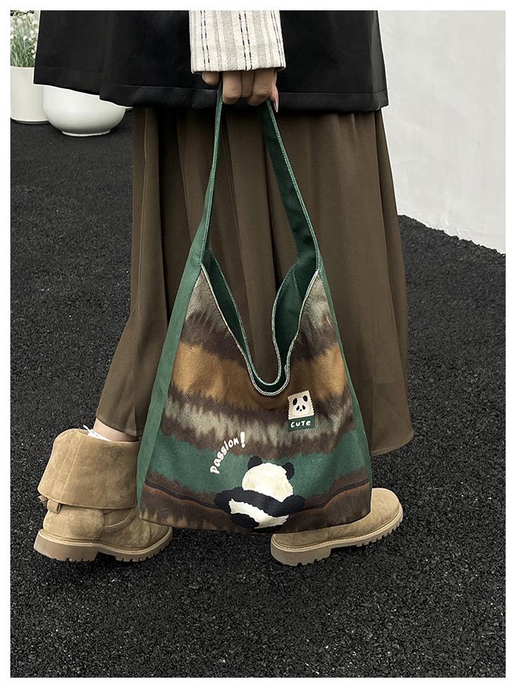 Plaid Canvas Tote Bag: Cute Cartoon Design, Large Capacity, Commuter-Friendly Shoulder Bag for Women