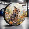 1pc Owl & Floral Fantasy Tire Cover - Vibrant Orange Eyes, Brown Feathers & Colorful Flowers Design, Durable Polyester Fabric, F