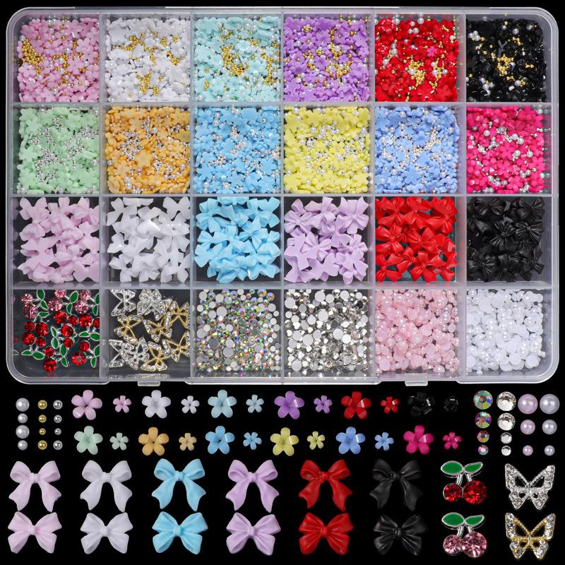 24 Fächer/Box 3D Blumige Nagelkunst-Dekorationen, Bunte Blumen und Goldperlen in gemischter Größe DIY Niedliche Blumige Nagel-Schmuckstücke, Nagelzubehör, Nagelbedarf