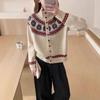 Lapel Retro Fair Island Contrasting Jacquard Sweater Women's Casual Lazy Wind Knitted Cardigan Top Women