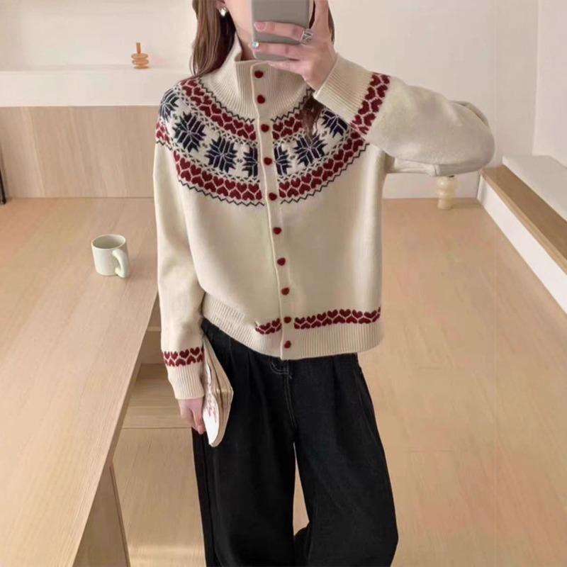 Lapel Retro Fair Island Contrasting Jacquard Sweater Women's Casual Lazy Wind Knitted Cardigan Top Women