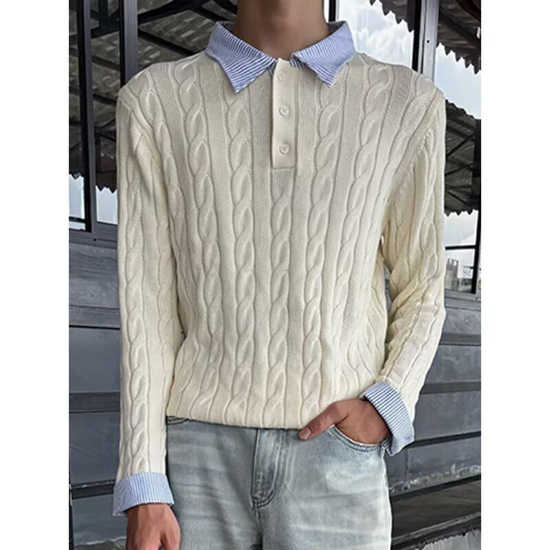 Unisex American Retro Faux Two-Piece Cable Knit Sweater - Trendy Casual Lazy Style Knitwear L