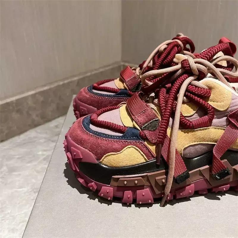 Tênis chunky de bloco de cores da moda para homens/mulheres, tênis de corrida com sola de grife, sapatos casuais de plataforma alta interna aumentada