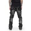 Modische Herren-Arbeitshose aus Stretch-Denim mit geradem Bein, Flicken-Details und geschichtetem, leicht ausgestelltem Design