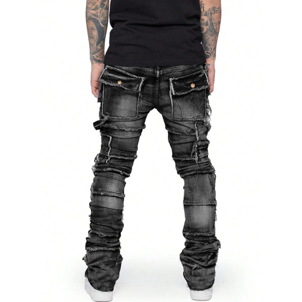 Modische Herren-Arbeitshose aus Stretch-Denim mit geradem Bein, Flicken-Details und geschichtetem, leicht ausgestelltem Design
