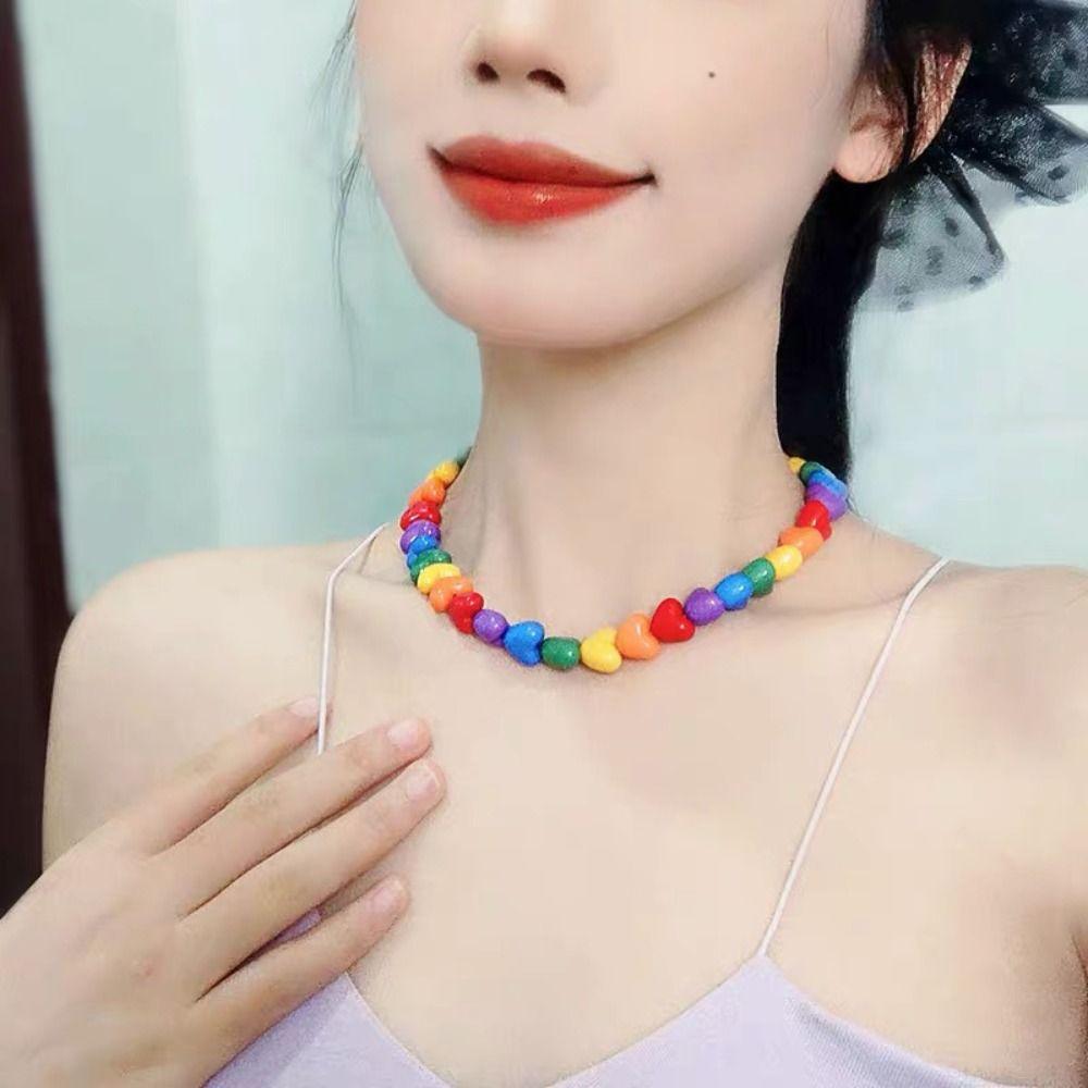 Acrylic Love Rainbow Necklace Adjustable Heart Beaded Necklace Collarbone Chain For Couples