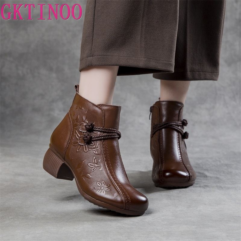 GKTINOO 2025 New Autumn Winter Thick Heel Ankle Boots Women Warm Boots Shoes Handmade Genuine Leather Zipper Retro Boots