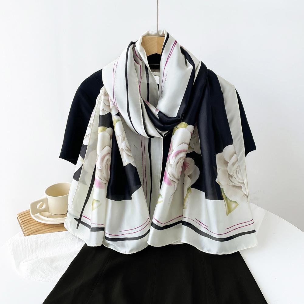 Cross-border autumn new models, high-end silk scarf female mother, black camellia print Lijing satin silk-like satin shawl