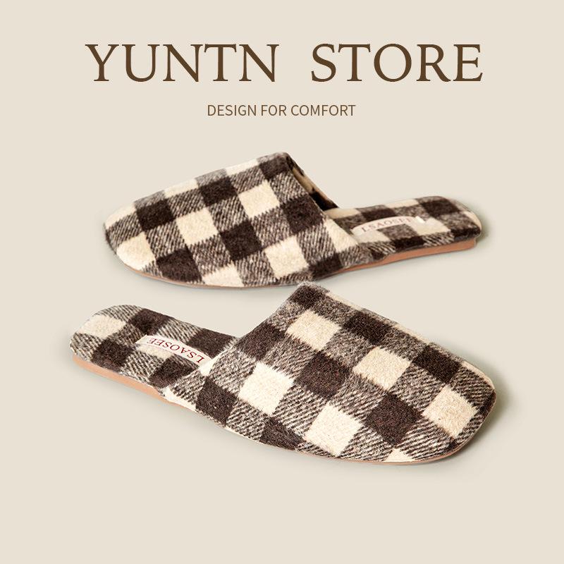 Women's Luxury Checkered Suede Fleece Slippers - Non-Slip Lightweight Tendon Sole