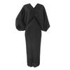 Elegant Pleated Midi Dress With Batwing Sleeves V-Neck Slim Fit Office Wear