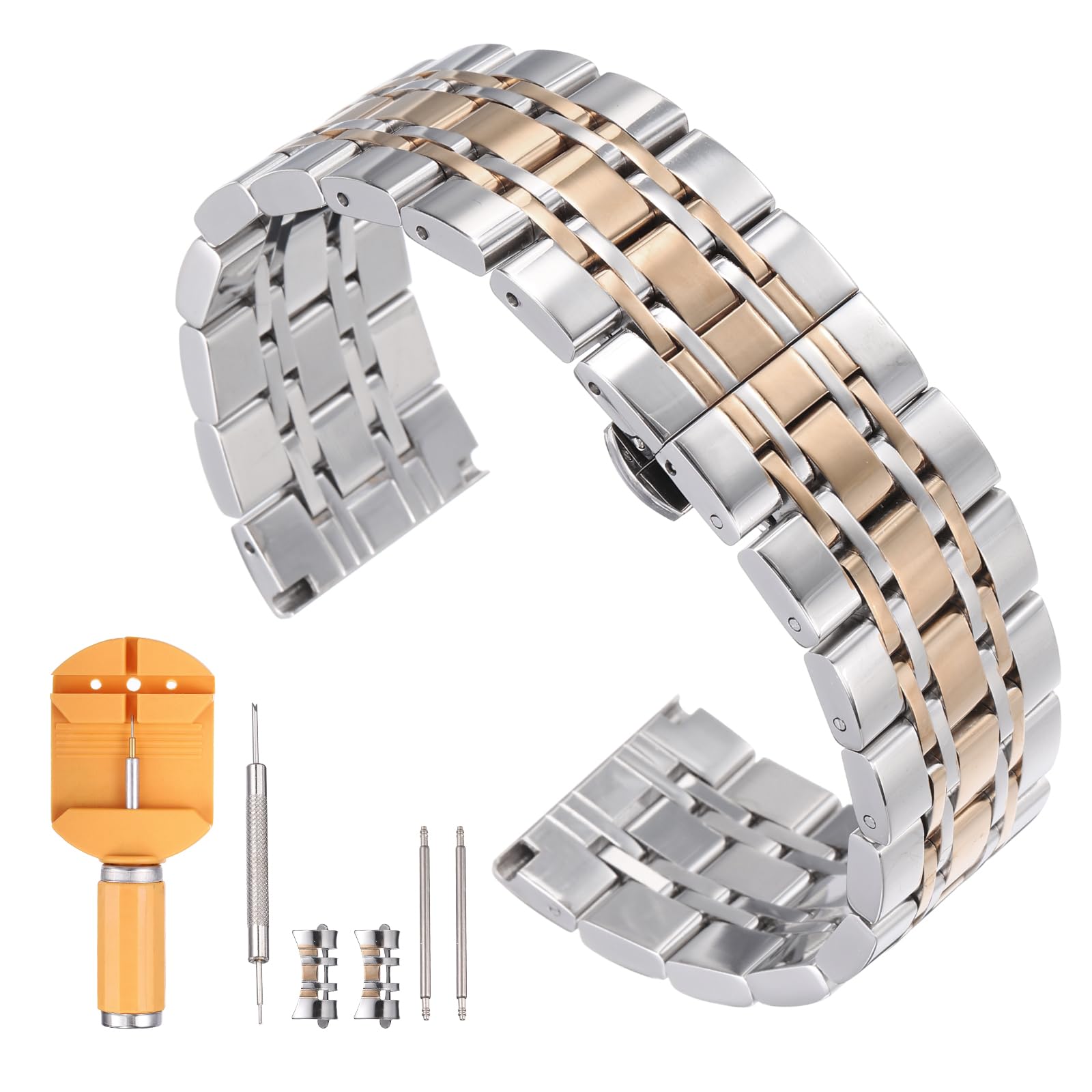 

[uxcell] Stainless Steel Watch Band 24mm Quick Release Metal Polished Finish Replacement Butterfly Buckle Watch Strap with Removal Tool Men sWomen s